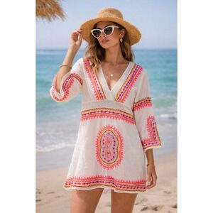 Debbie Katz Cover Up Mini Dress XS White Pink Embroidered Boho Beach Vacation